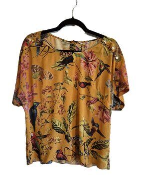 Anthropologie Leifsdottir Floral Bird Print Gold Top Buttons Silk Stretch Size 8